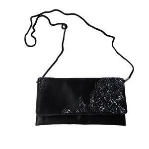 Valerie Stevens Black Beaded Clutch Evening Bag with‎ Strap and Mirror